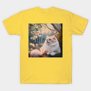 White fluffy cat rest peacefully in the floral nature T-Shirt